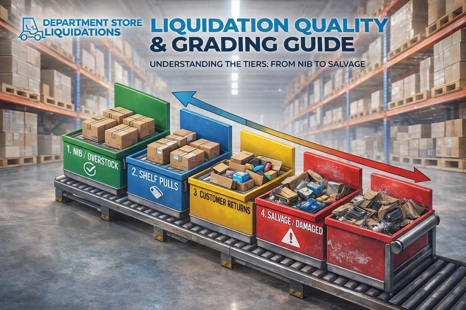 A realistic warehouse floor showing the contrast between a high-quality manifested return pallet and a damaged salvage load, featuring the Department Store Liquidations logo in the corner for a blog post on sourcing high-yield inventory.