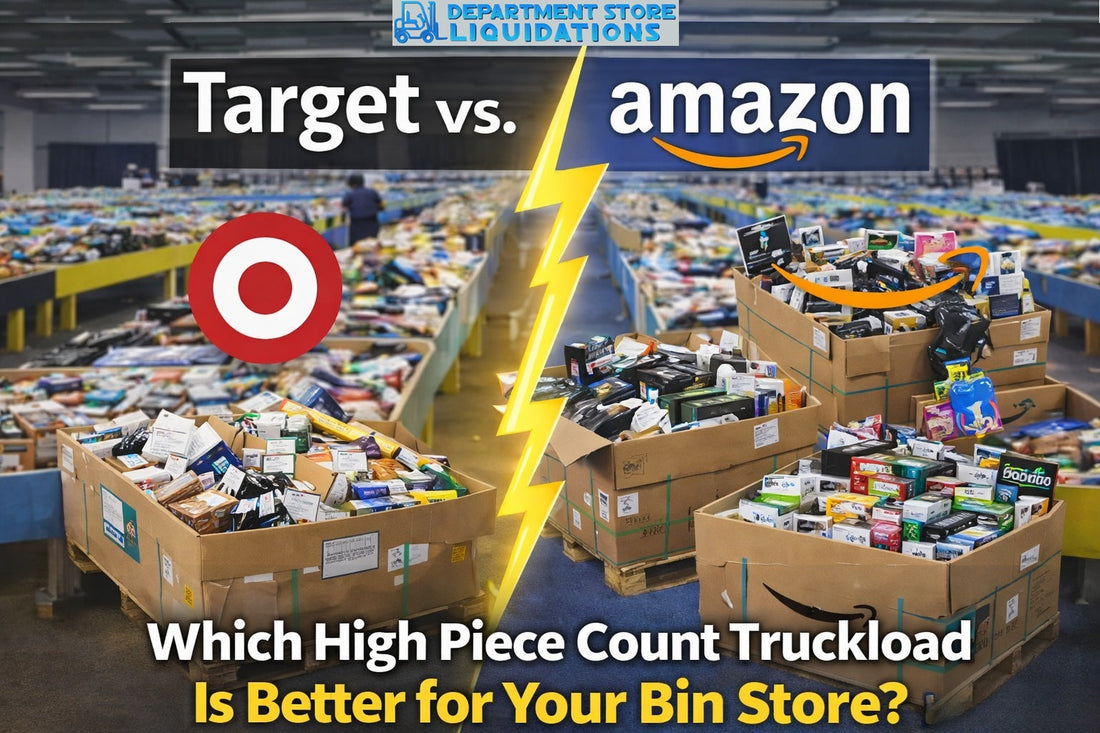 Target vs. Amazon high piece count truckloads displayed in a bin store setting, comparing Target pallets and Amazon pallets for bin store resale inventory.